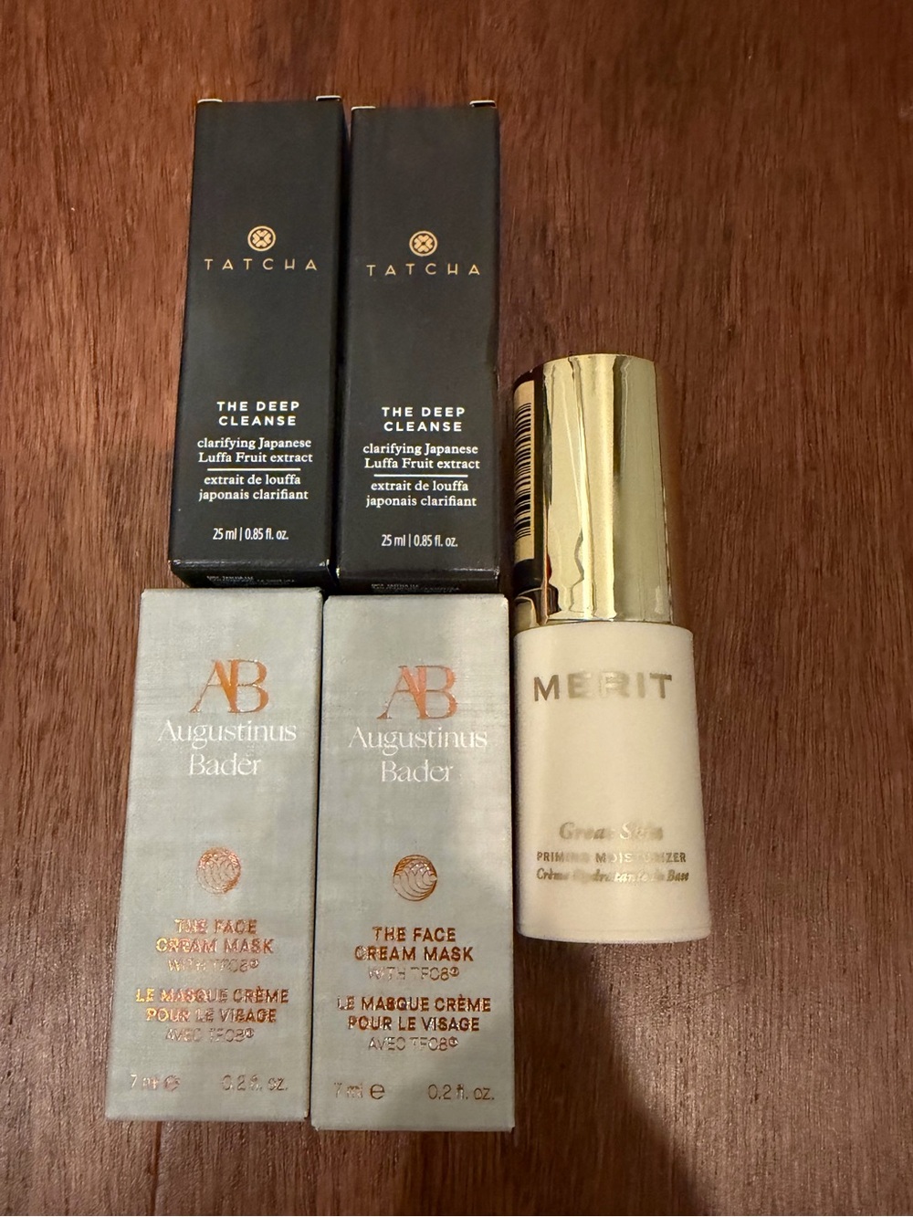 Tatcha cleanserx2, augustinus bader face creamx2, merit moisturizer